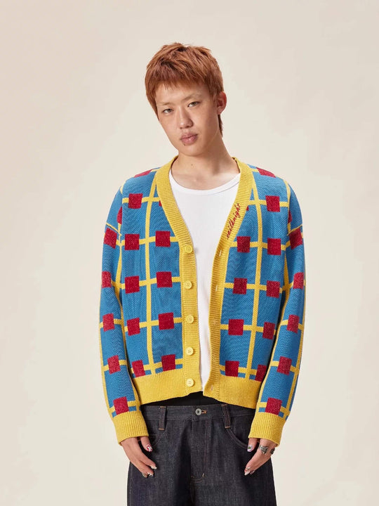 EVILKNIGHT(EK) Multicolor Checkerboard Knit Cardigan