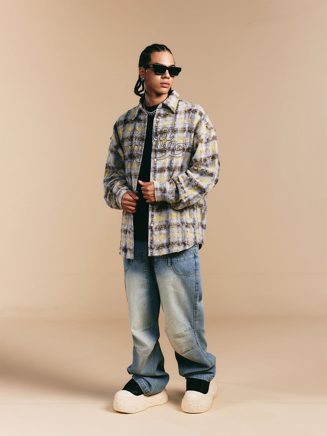 1807 Chain Embroidery Plaid Long Sleeve Shirt | Face 3 Face