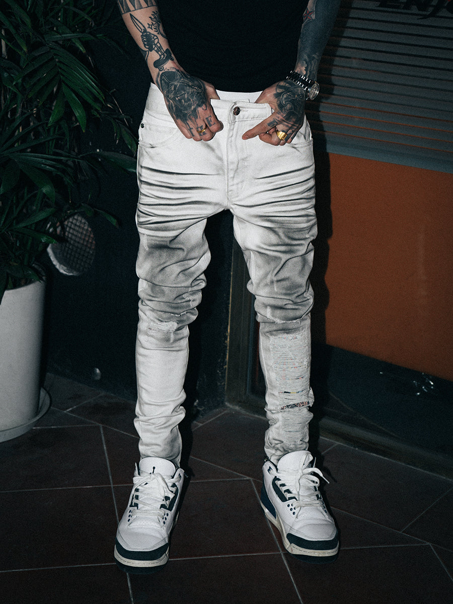 TGFCLUB Sprayed Whisker Washed Hem Zipper Slim Fit Jeans | Face 3 Face