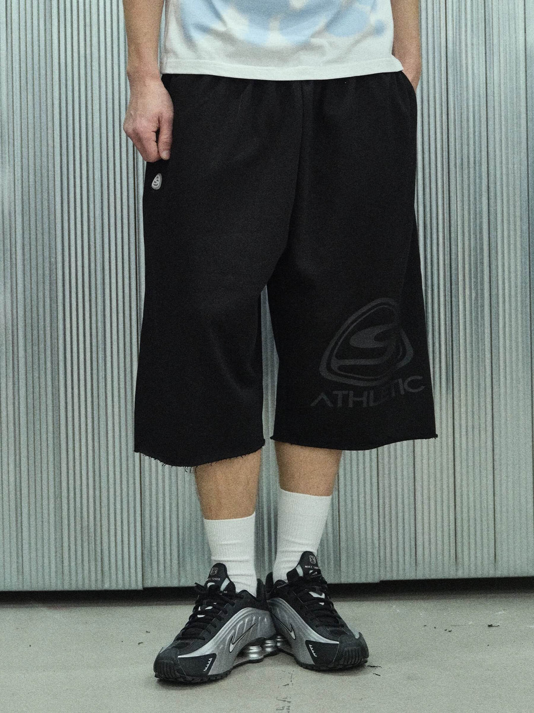S45 Basic Heavyweight Logo Print Cutoff Baggy Sweat Shorts