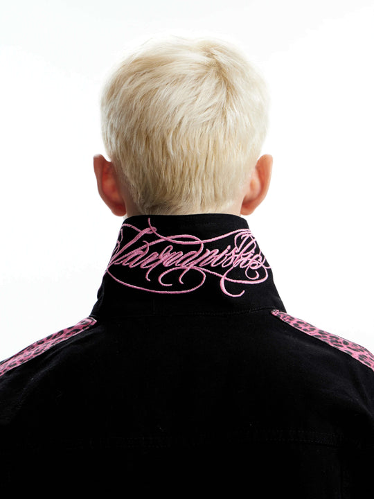 KARMANISTIC Pink Leopard Print Patchwork Denim Jacket | Face 3 Face
