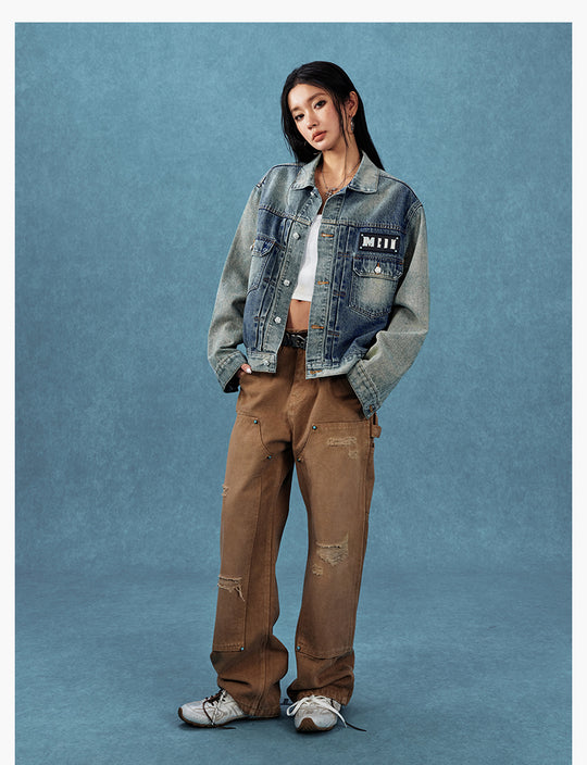 MEDM Leather Logo Washed 2nd-Type Denim Jacket | Face 3 Face