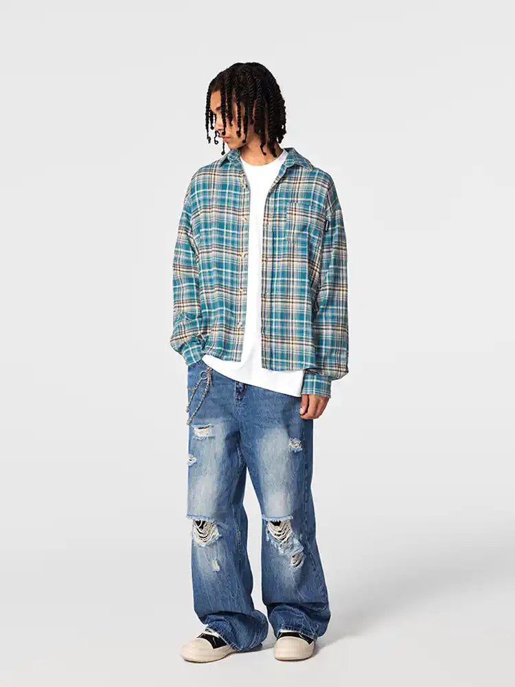 Achock Blue Plaid Long Sleeved Flannel Shirt | Face 3 Face