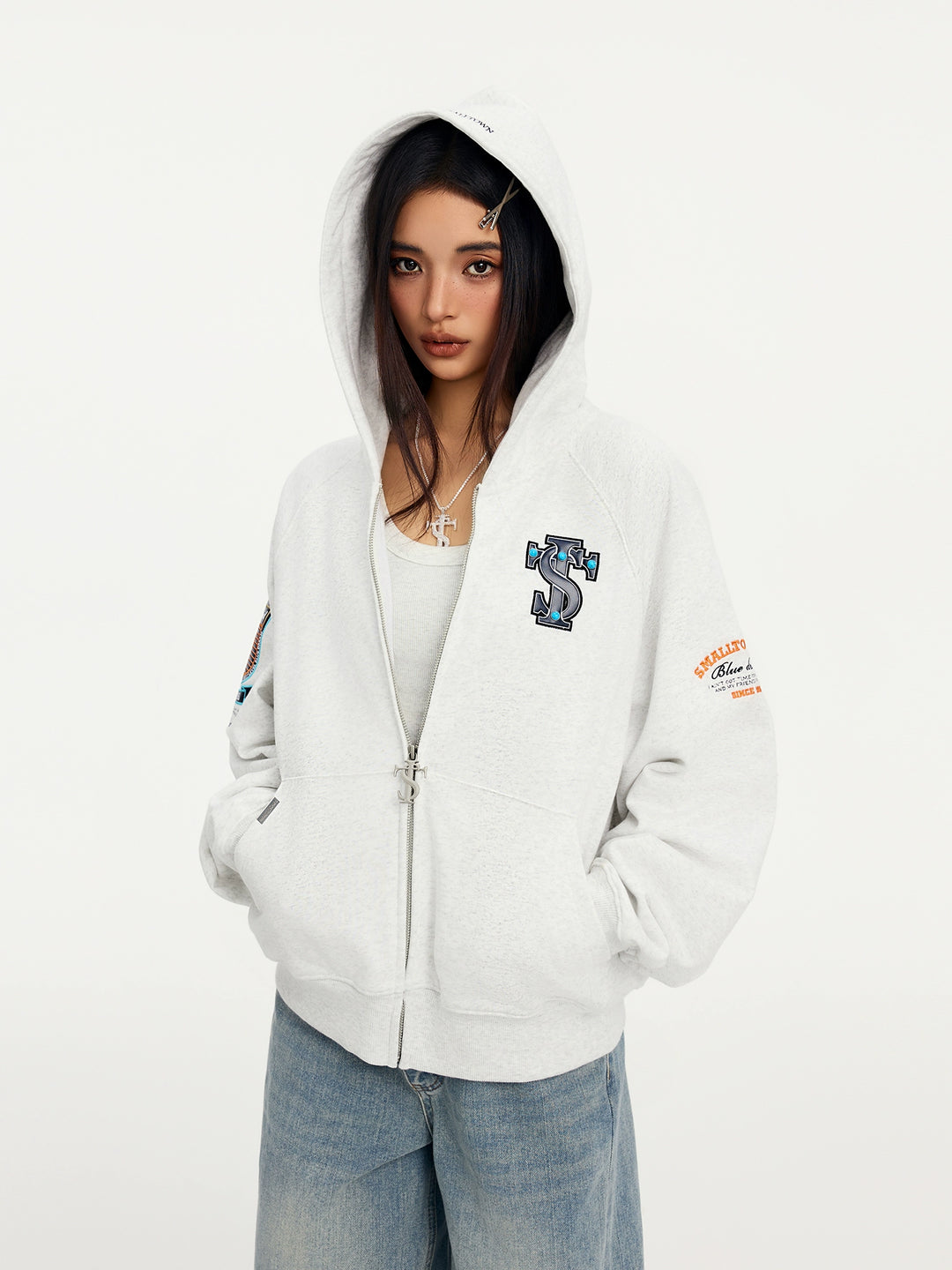 Small Town Kid Turquoise Studded Badge Embroidered Zip-Up Hoodie | Face 3 Face