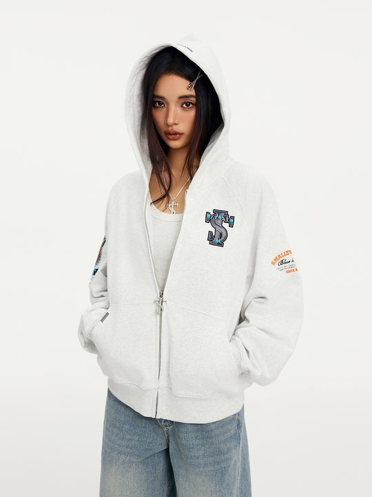 Small Town Kid Turquoise Studded Badge Embroidered Zip-Up Hoodie | Face 3 Face