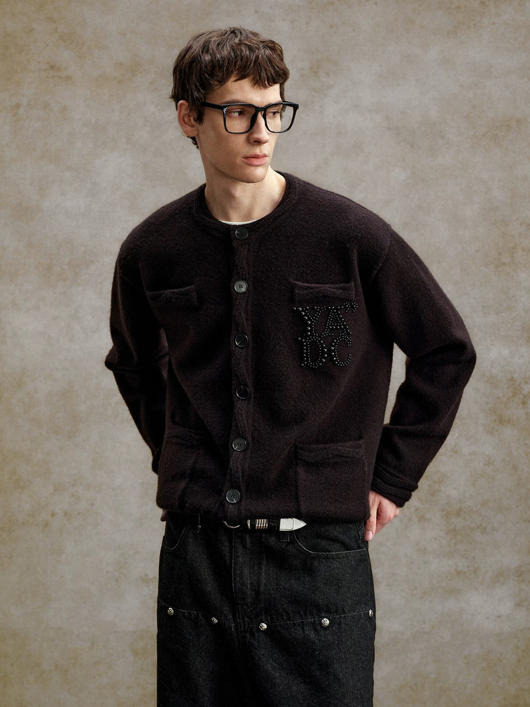 YADcrew Pearl Embellished Jacquard Knit Crew Neck Cardigan | Face 3 Face