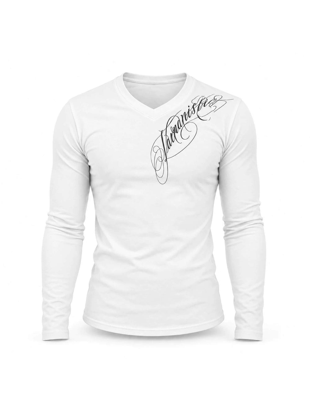 KARMANISTIC Script Print Stretch Slim Fit V Neck Long Sleeve Tee | Face 3 Face