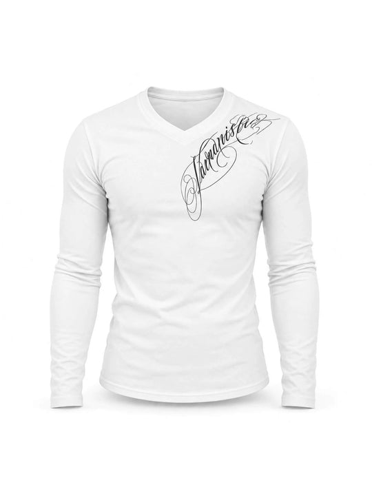 KARMANISTIC Script Print Stretch Slim Fit V Neck Long Sleeve Tee | Face 3 Face