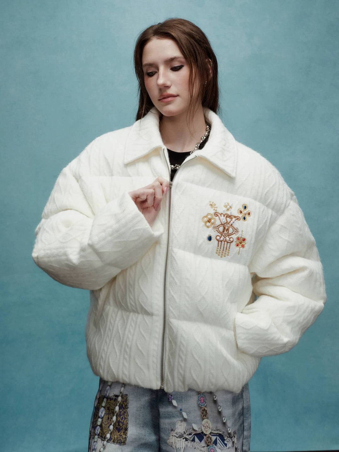 YADcrew x MEDM Cable Knit Pearl Embroidered Puffer Jacket | Face 3 Face