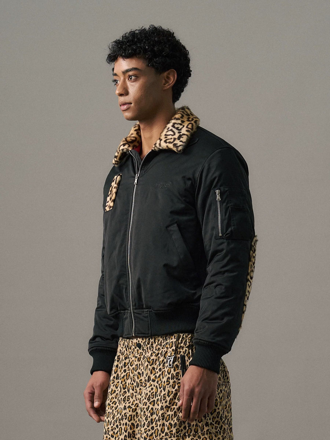 S45 Leopard Trim Patchwork MA-1 Bomber Jacket | Face 3 Face