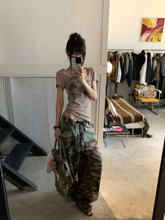 EXITMODE BY BLIND NO PLAN Camo Leopard Color Block Patchwork Baggy Work Pants | Face 3 Face
