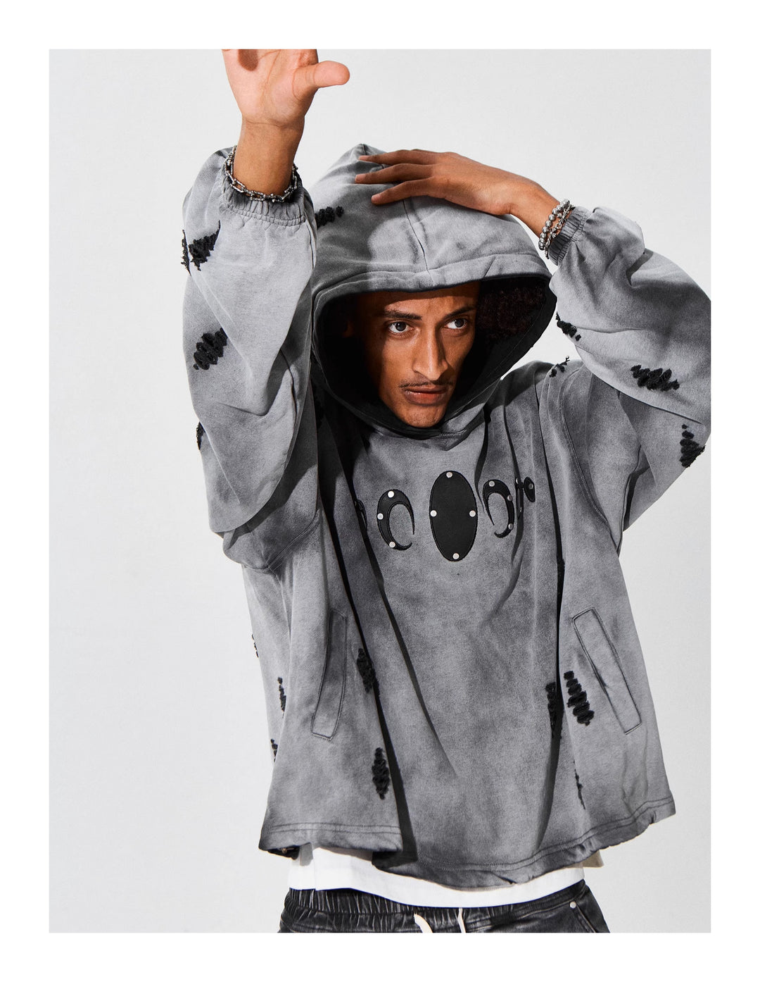 KARMANISTIC Distressed Washed Rivets Hoodie | Face 3 Face