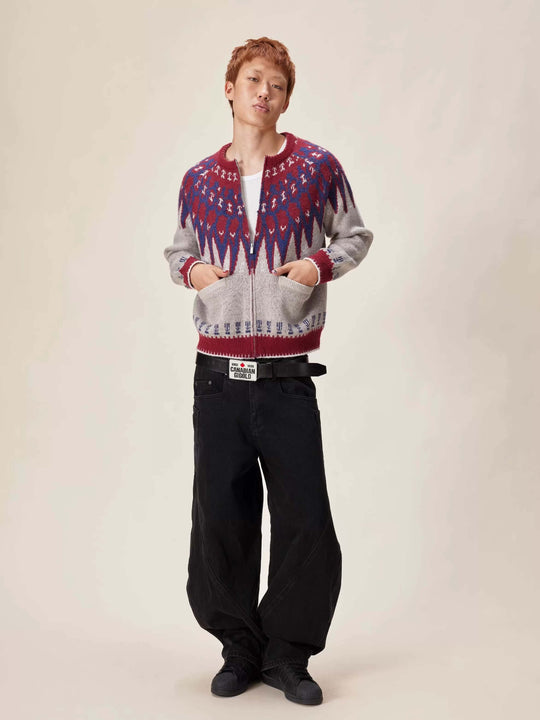 EVILKNIGHT(EK) Ethnic Pattern Knit Zip Up Cardigan