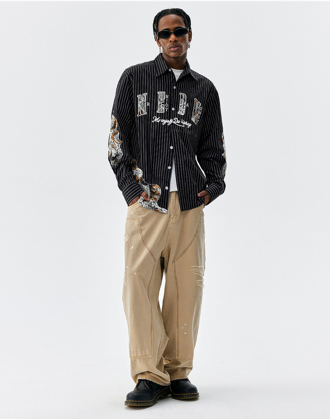 MEDM Lace Embroidered Striped Long Sleeve Shirt | Face 3 Face