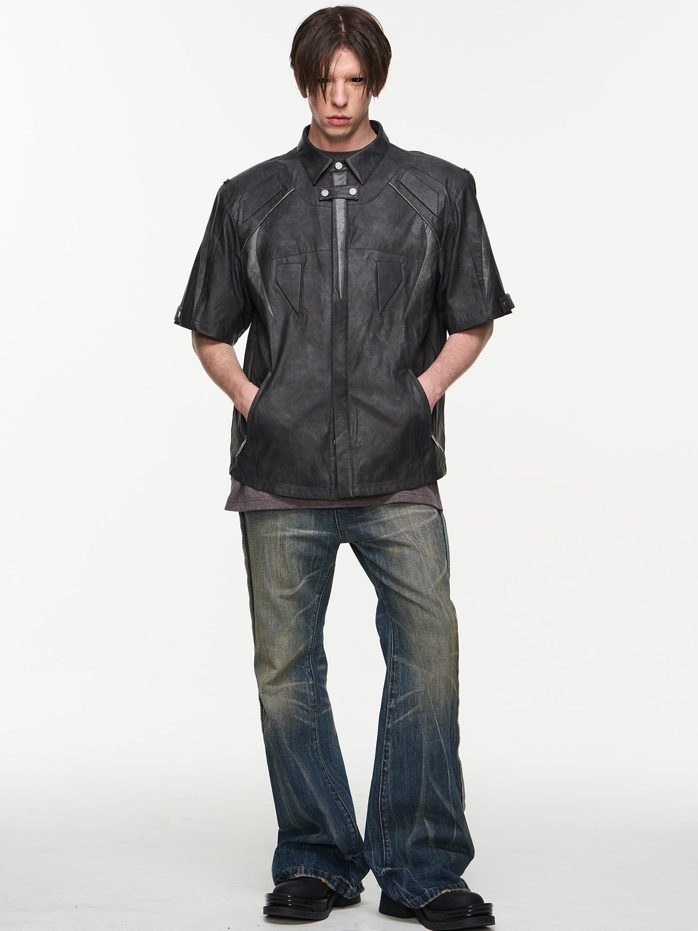 BLIND NO PLAN Patchwork Leather Biker Short Sleeve Shirt | Face 3 Face