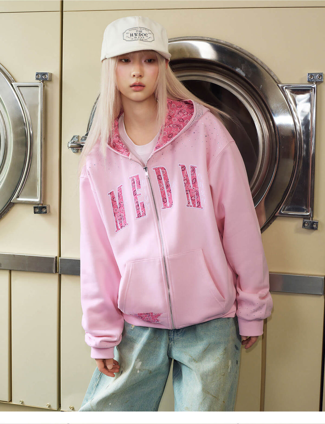 MEDM Paisley Hood Lining Rhinestone Embellished Zip Up Hoodie | Face 3 Face