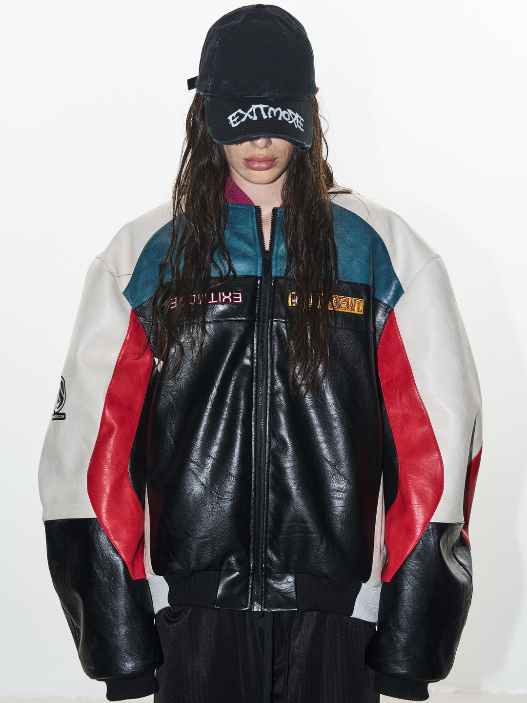 BLIND NO PLAN Colorblocked Embroidered Racing Leather Jacket | Face 3 Face