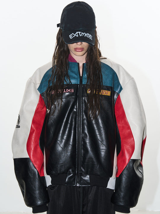 BLIND NO PLAN Colorblocked Embroidered Racing Leather Jacket | Face 3 Face