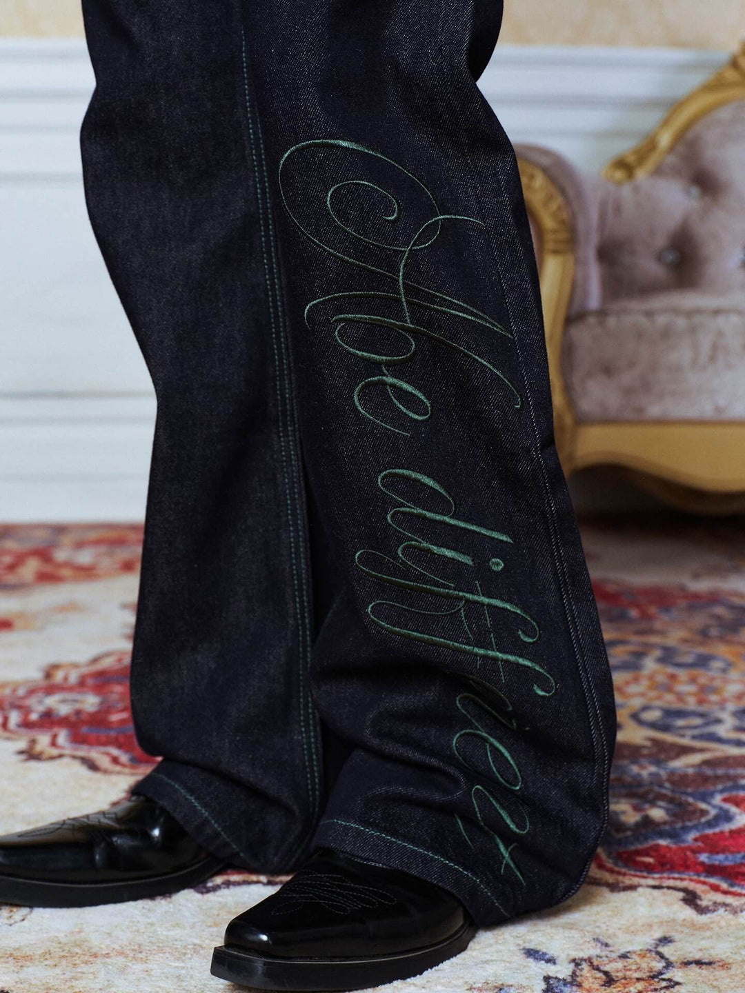YADcrew Green Stitch and 3D Embroidered Jeans | Face 3 Face