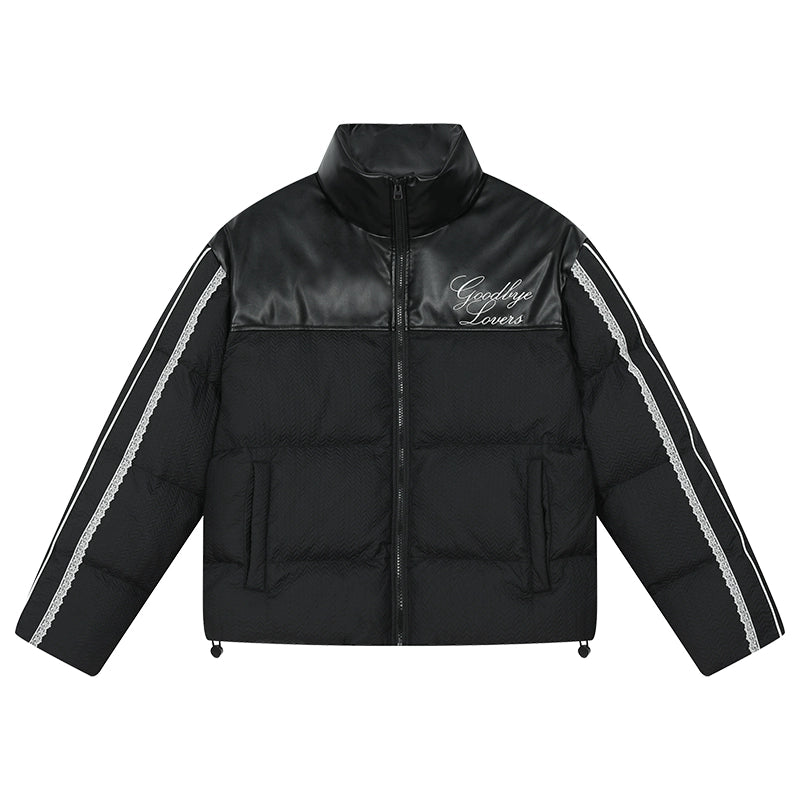 Harsh and Cruel PU Leather Lace Panel Short Puffer Jacket | Face 3 Face