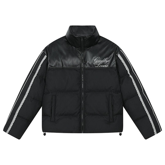 Harsh and Cruel PU Leather Lace Panel Short Puffer Jacket | Face 3 Face