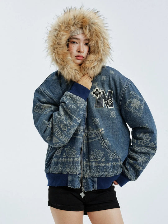 MEDM Ethnic Paisley Denim Hooded Jacket | Face 3 Face