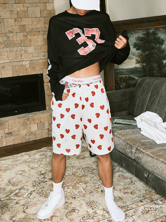 JUST VIBE Allover Love Heart Print Mesh Basketball Shorts | Face 3 Face