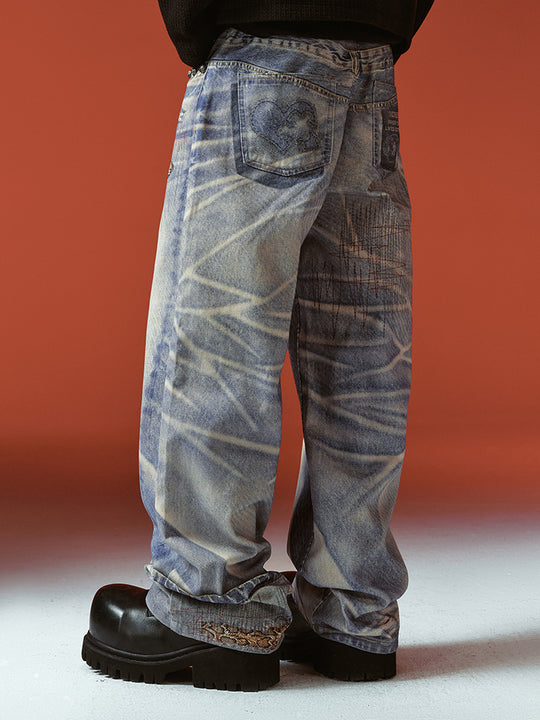 YADcrew Python Random Stitch Printed Rivet Baggy Jeans | Face 3 Face