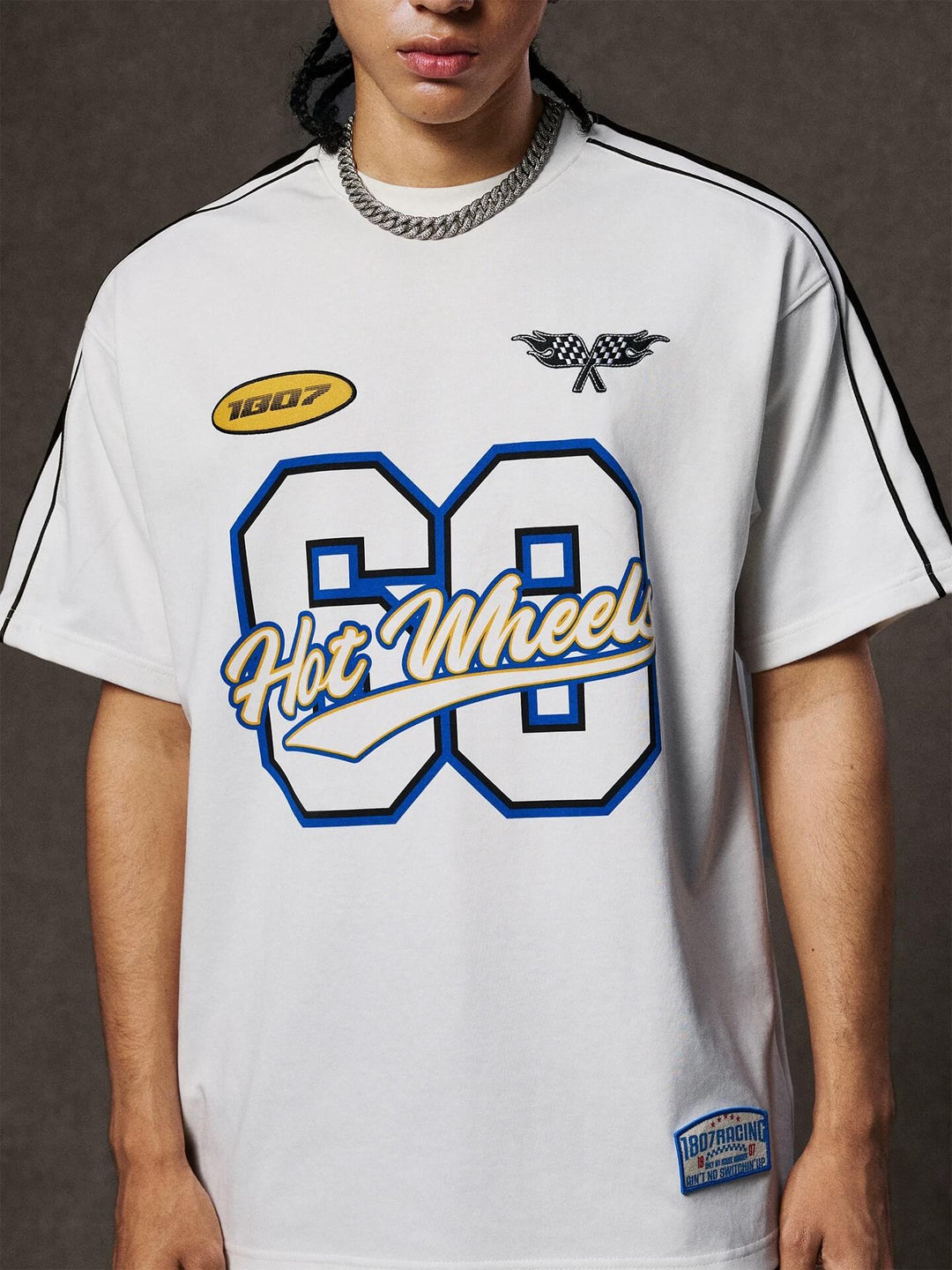 1807 Hot Wheels Racing Print Patch Stripe Sleeve Short Sleeve Tee | Face 3 Face