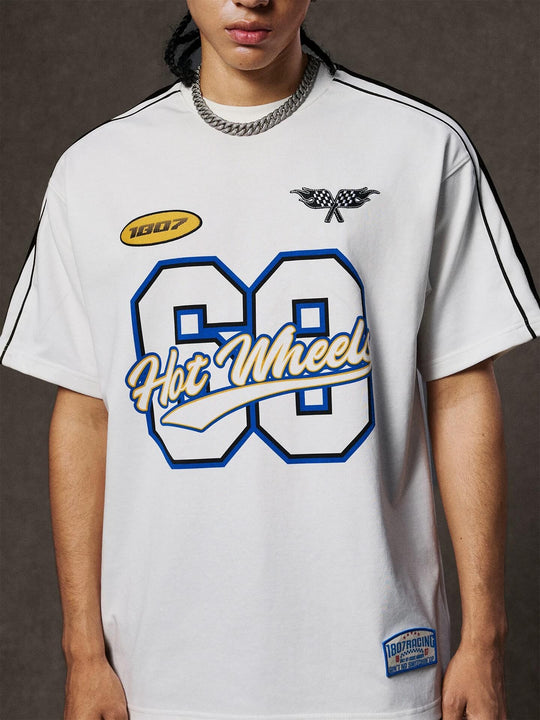 1807 Hot Wheels Racing Print Patch Stripe Sleeve Short Sleeve Tee | Face 3 Face