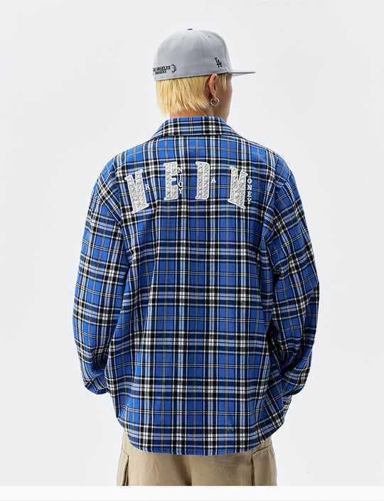 MEDM Blue Pearl Embroidery Plaid Long Sleeve Shirt | Face 3 Face