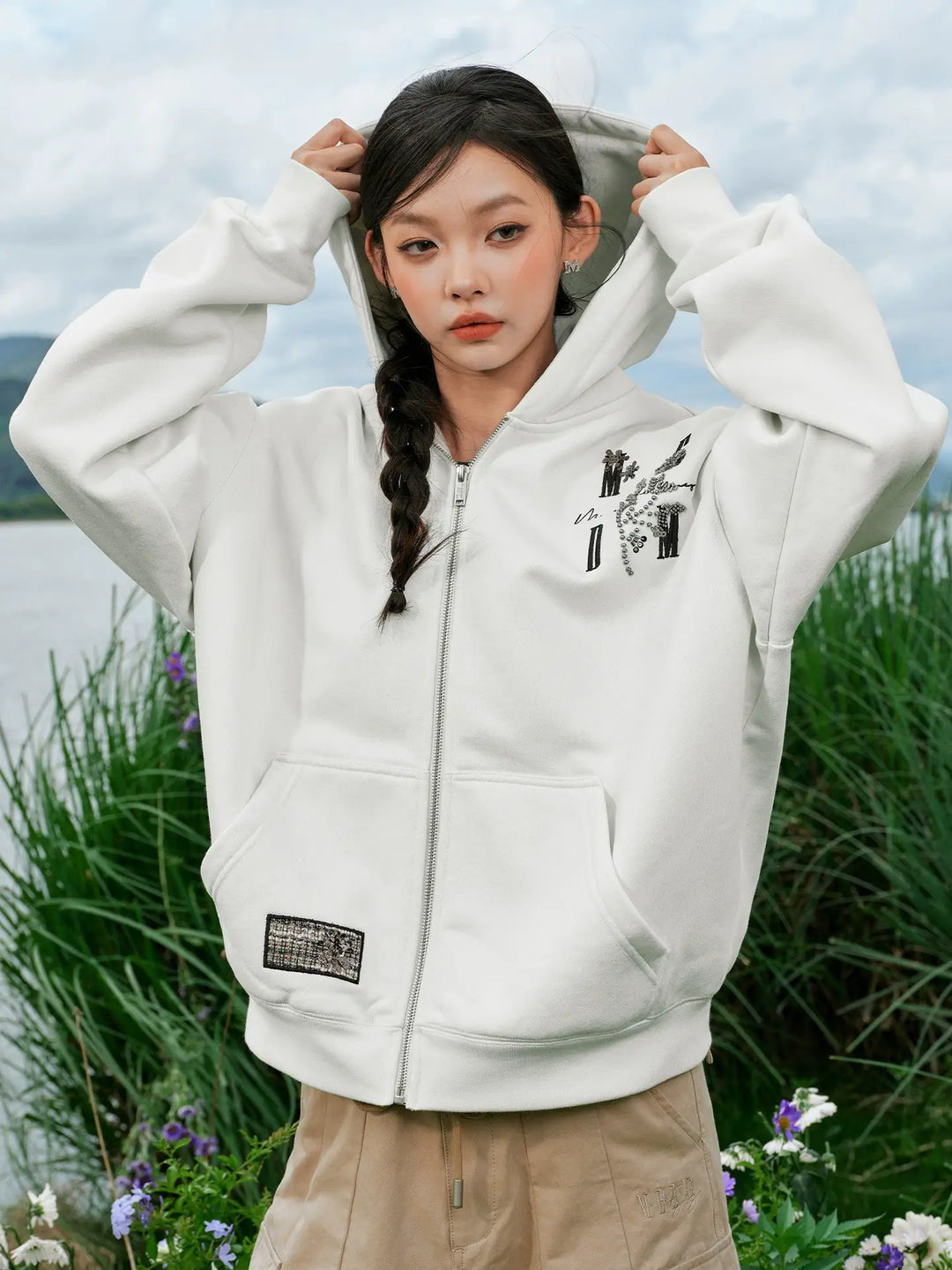 MEDM Beaded Flower Embellished Zip Up Hoodie | Face 3 Face