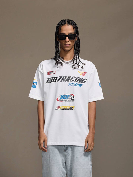 1807 Racing Distressed Print Washed Short Sleeve Tee | Face 3 Face