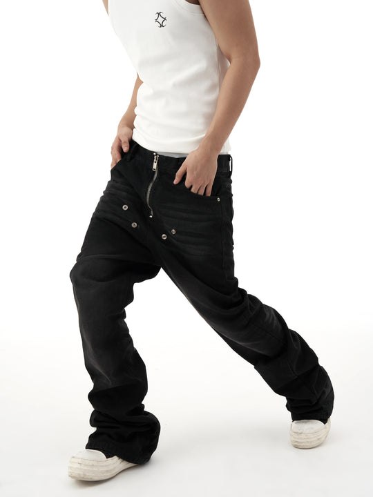 KARMANISTIC Rivet Zipper Fly Washed Flared Jeans | Face 3 Face
