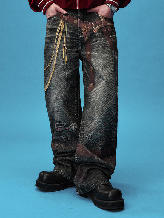 YADcrew Knight Sword Print Baggy Jeans | Face 3 Face
