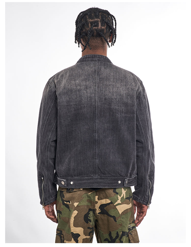 F3F Select Double Rivet Button Washed Denim Motorcycle Jacket | Face 3 Face