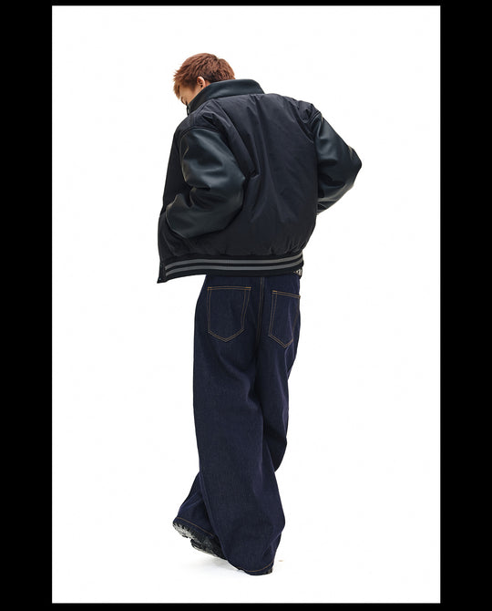 NOVACAM PU Leather Sleeve Puffer Varsity Jacket | Face 3 Face