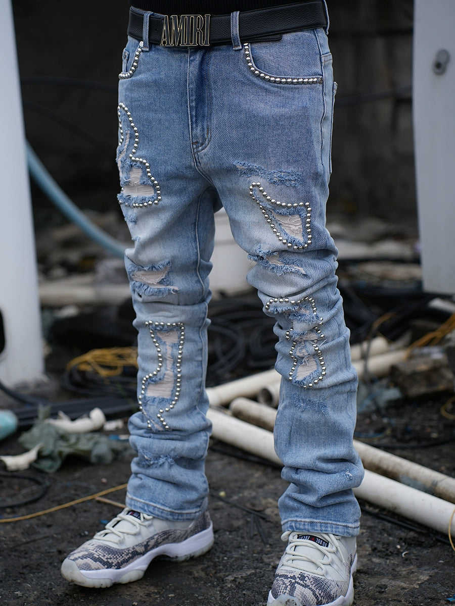 TGFCLUB Stud Beads Hole Washed Slim Fit Jeans | Face 3 Face