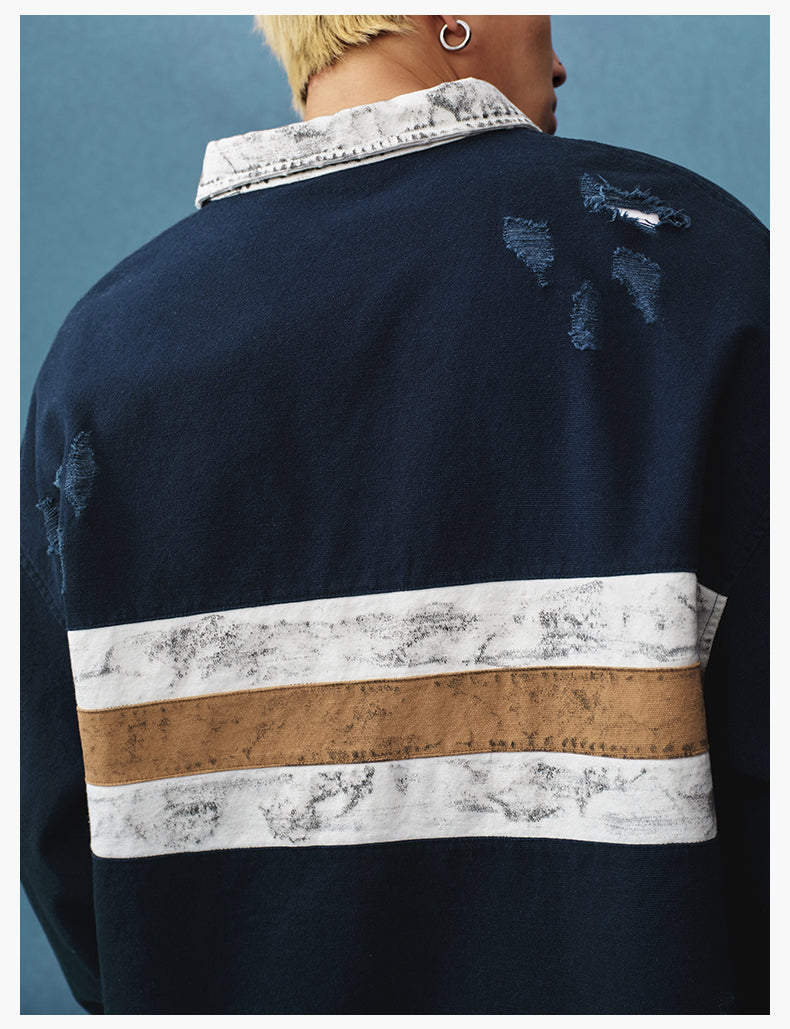 MEDM Asymmetric Collar Stripes Long Sleeve Polo | Face 3 Face