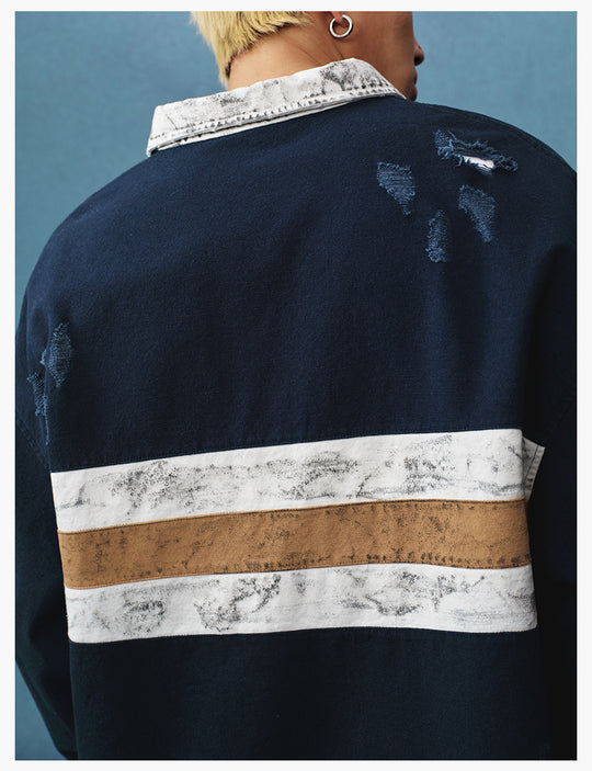 MEDM Asymmetric Collar Stripes Long Sleeve Polo | Face 3 Face