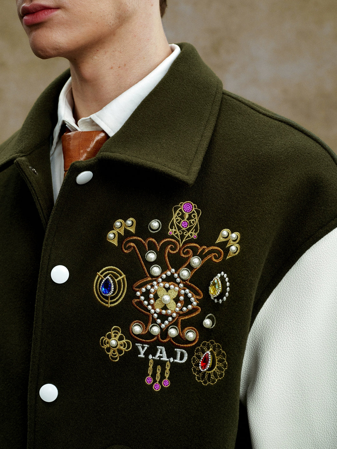 YADcrew Colorful Gemstone Cross Varsity Jacket | Face 3 Face