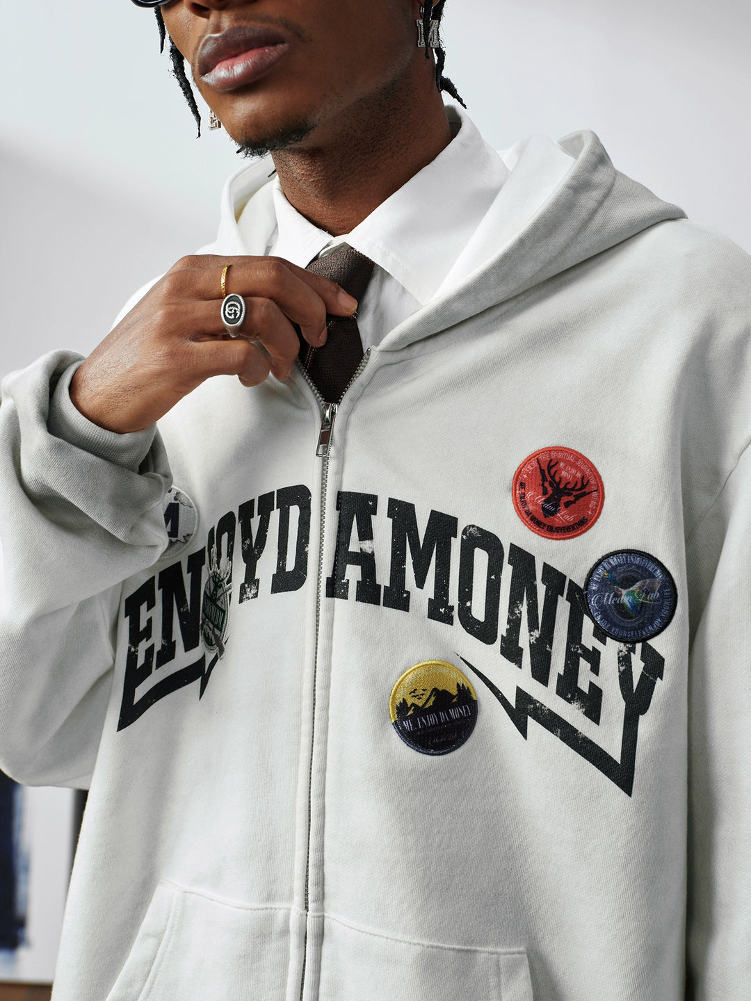 MEDM Gradient Washed Logo Print Embroidered Patch Zip-Up Hoodie | Face 3 Face