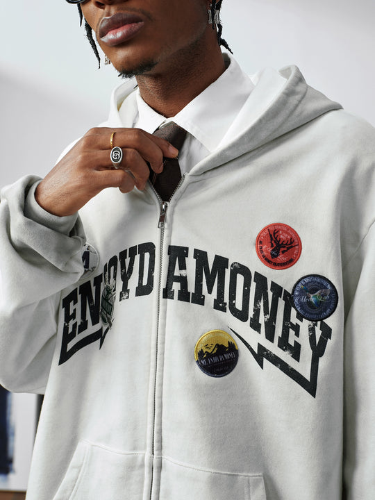 MEDM Gradient Washed Logo Print Embroidered Patch Zip-Up Hoodie | Face 3 Face