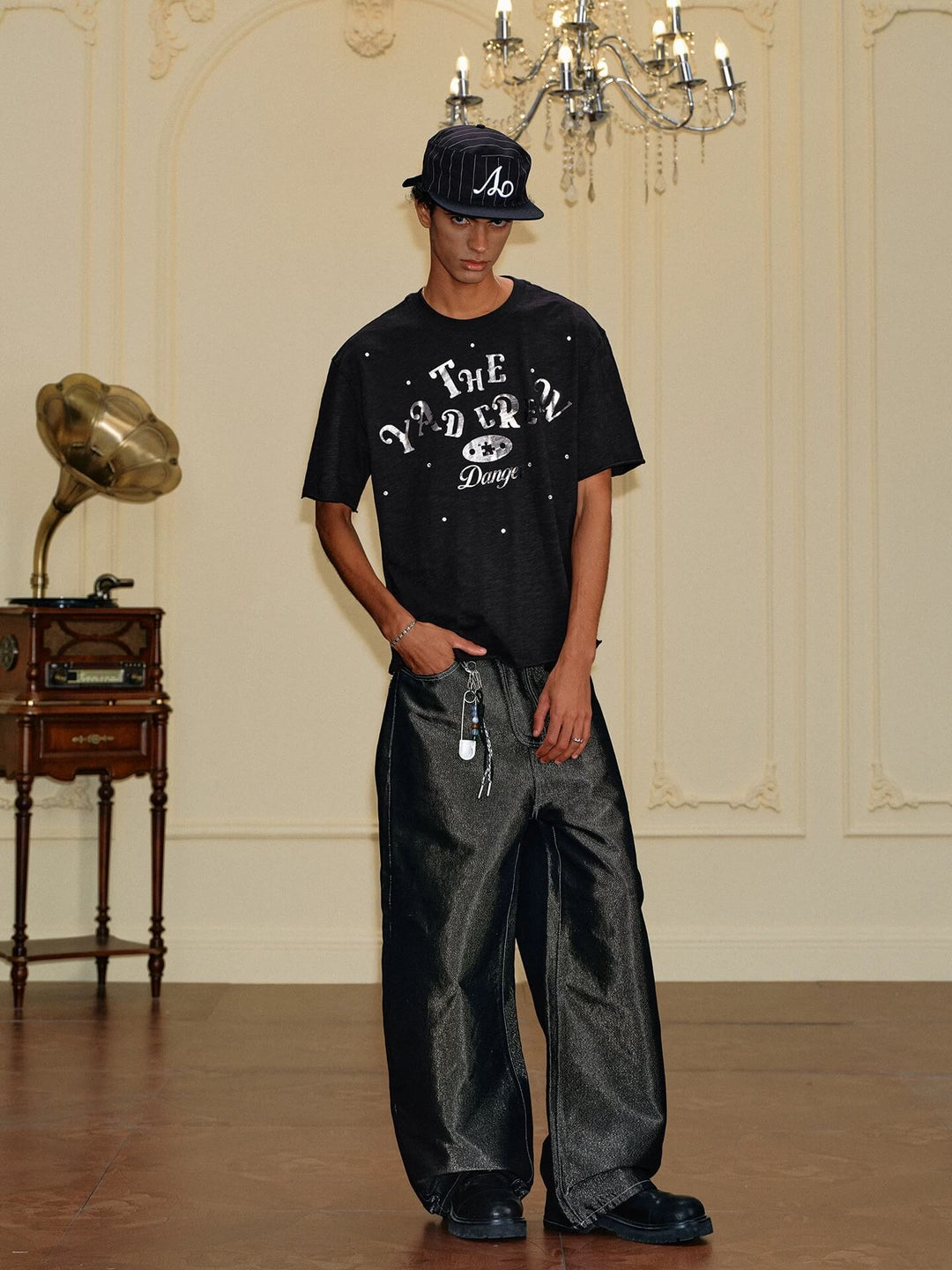 YADcrew Silver Logo Print All Over Rhinestone Tee | Face 3 Face