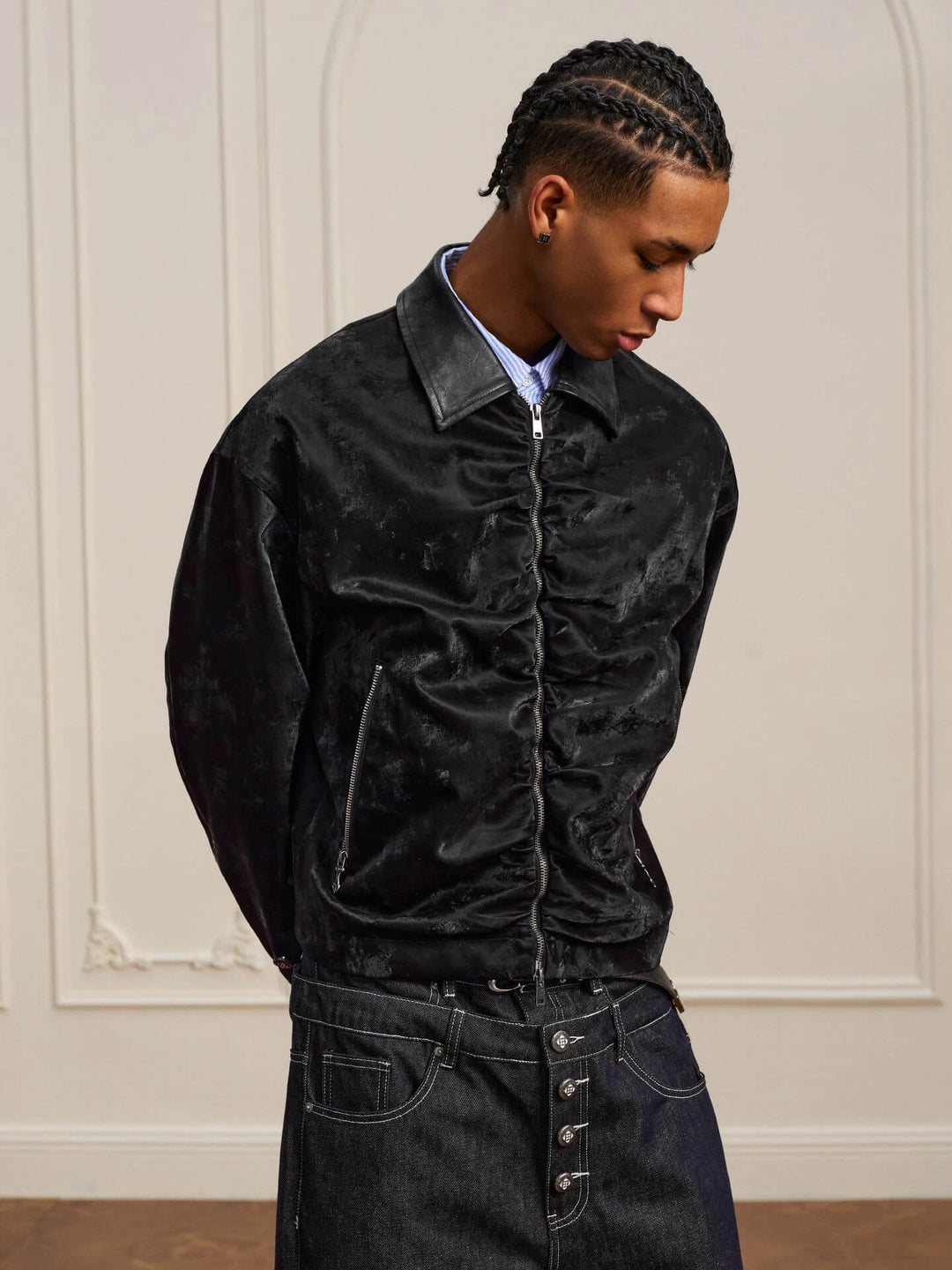 YADcrew Pleated Front Velvet PU Leather Jacket | Face 3 Face