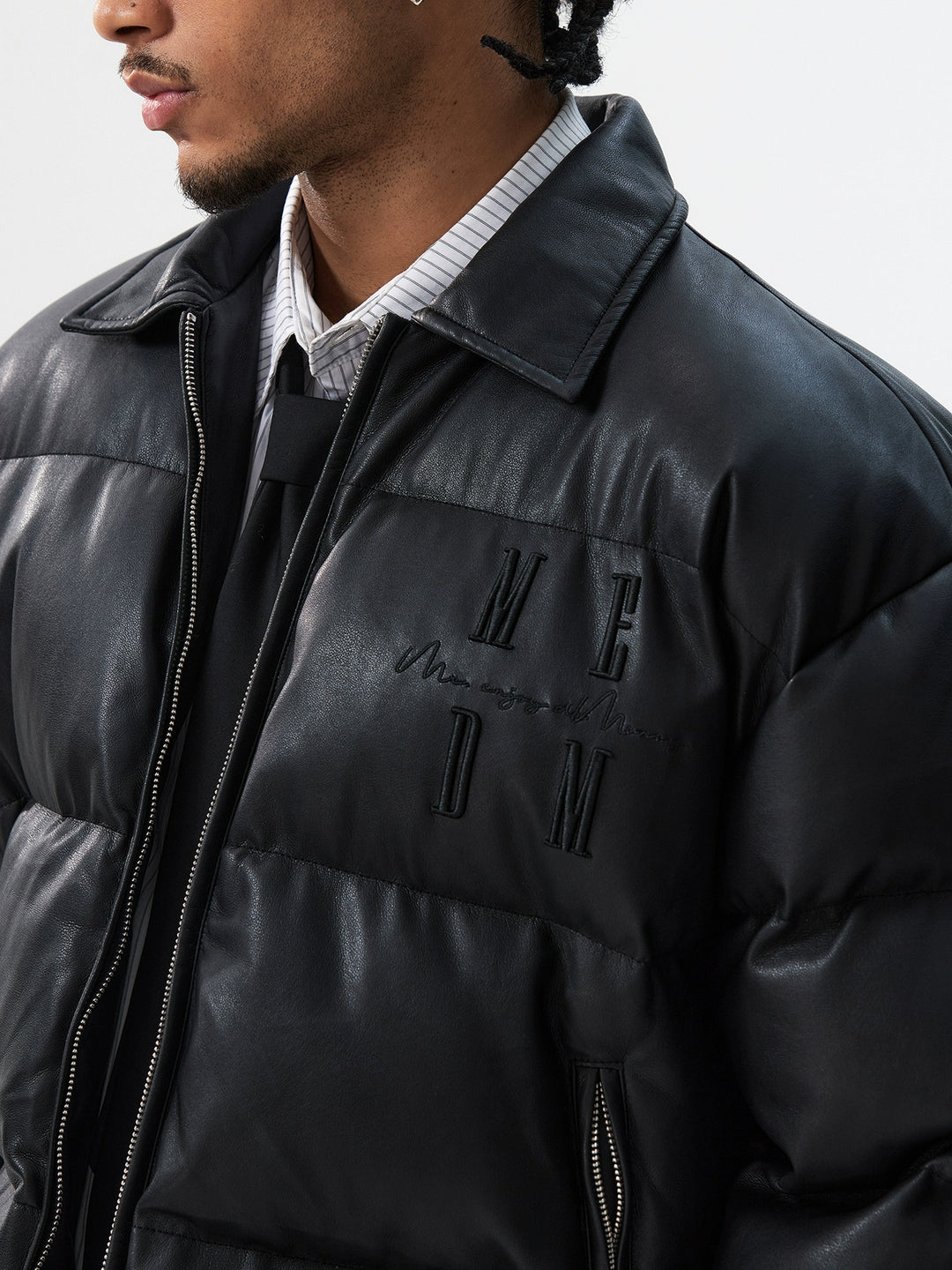 MEDM PU Leather 3D Embroidered Puffer Jacket | Face 3 Face