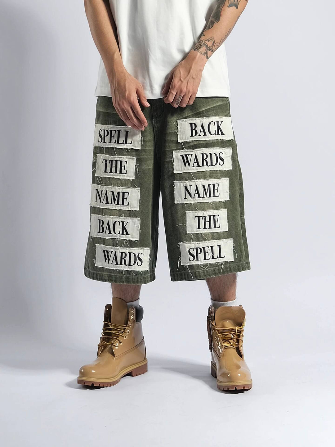EVETS Embroidered Patches Denim Baggy Shorts | Face 3 Face