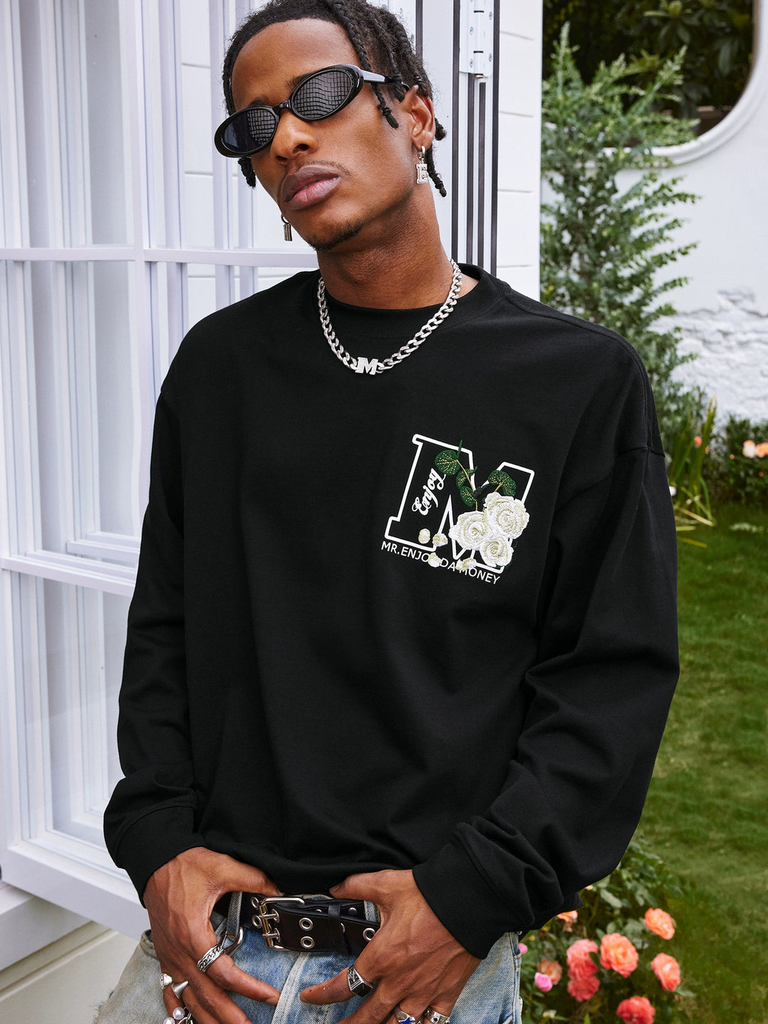 MEDM Big M Flower Embroidered Long Sleeve Tee | Face 3 Face