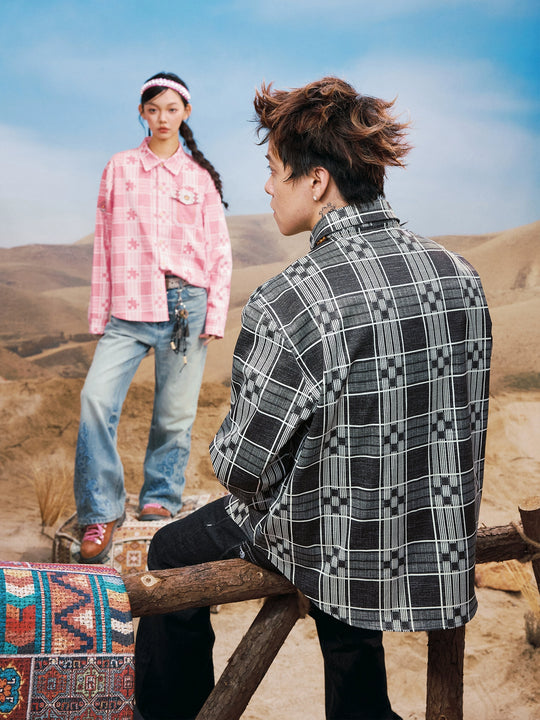 YADcrew Ethnic Pattern Plaid Long Sleeve Shirt | Face 3 Face