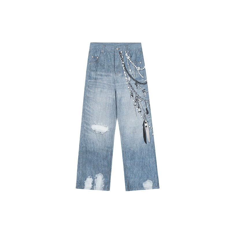 Cargo jeans | Achock Digital 3D Printing Chain Baggy Jeans | Face 3 Face